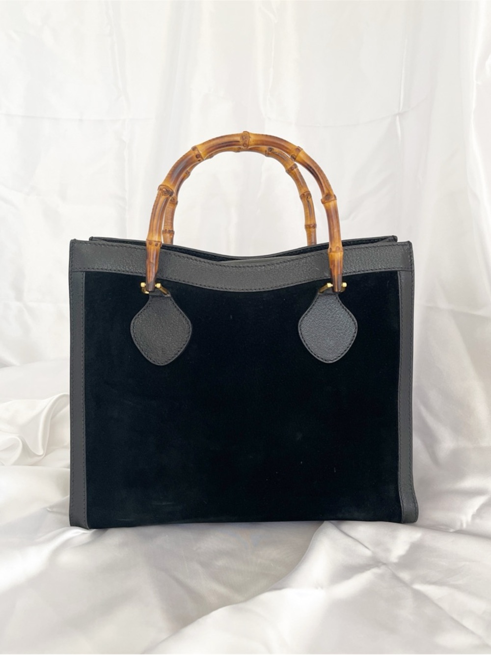 GUCCI Bamboo Diana Vintage Tote Bag Black Suede Leather Top Handles 1990s
